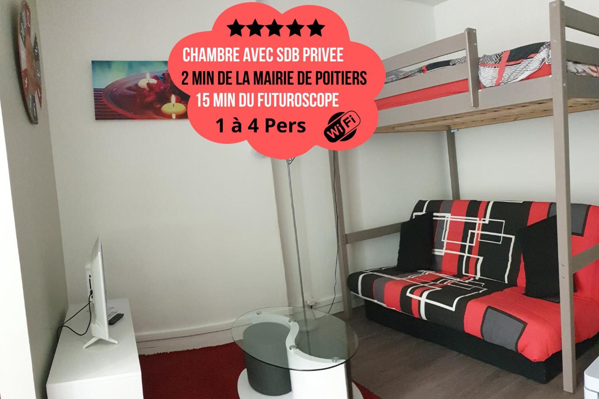 Chambres Poitiers Centre Ville - Salle de Bain, Réfrigérateur, TV et machine à café privatifs - Cuisine commune - Terrasse - Hôtel de ville à 200m Extérieur photo