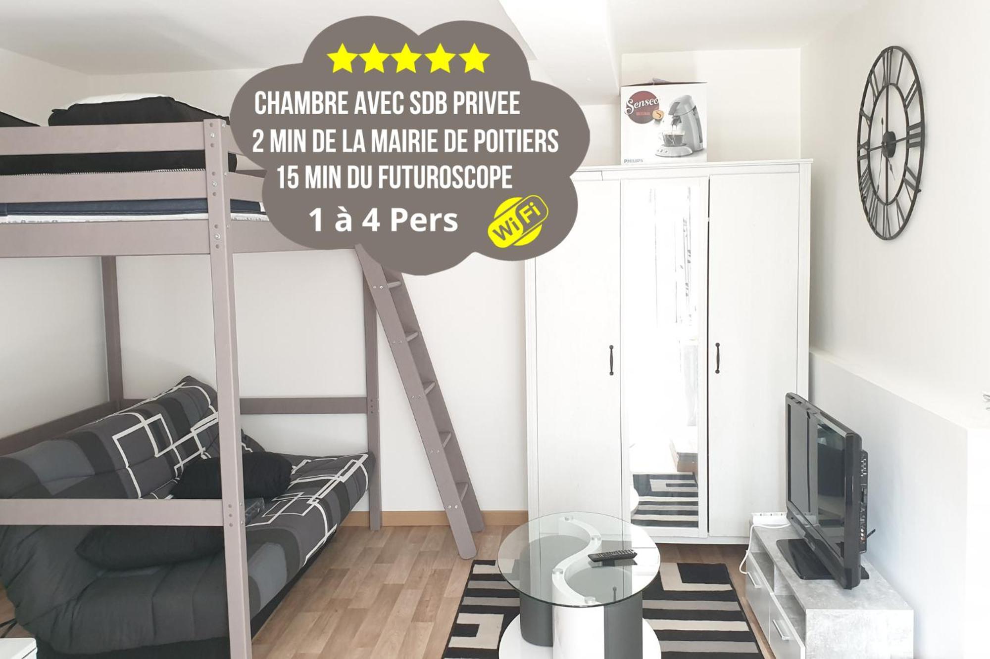 Chambres Poitiers Centre Ville - Salle de Bain, Réfrigérateur, TV et machine à café privatifs - Cuisine commune - Terrasse - Hôtel de ville à 200m Extérieur photo